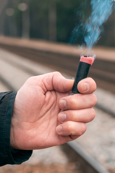 Mand holder braendende baalstartssaet med flint i haanden